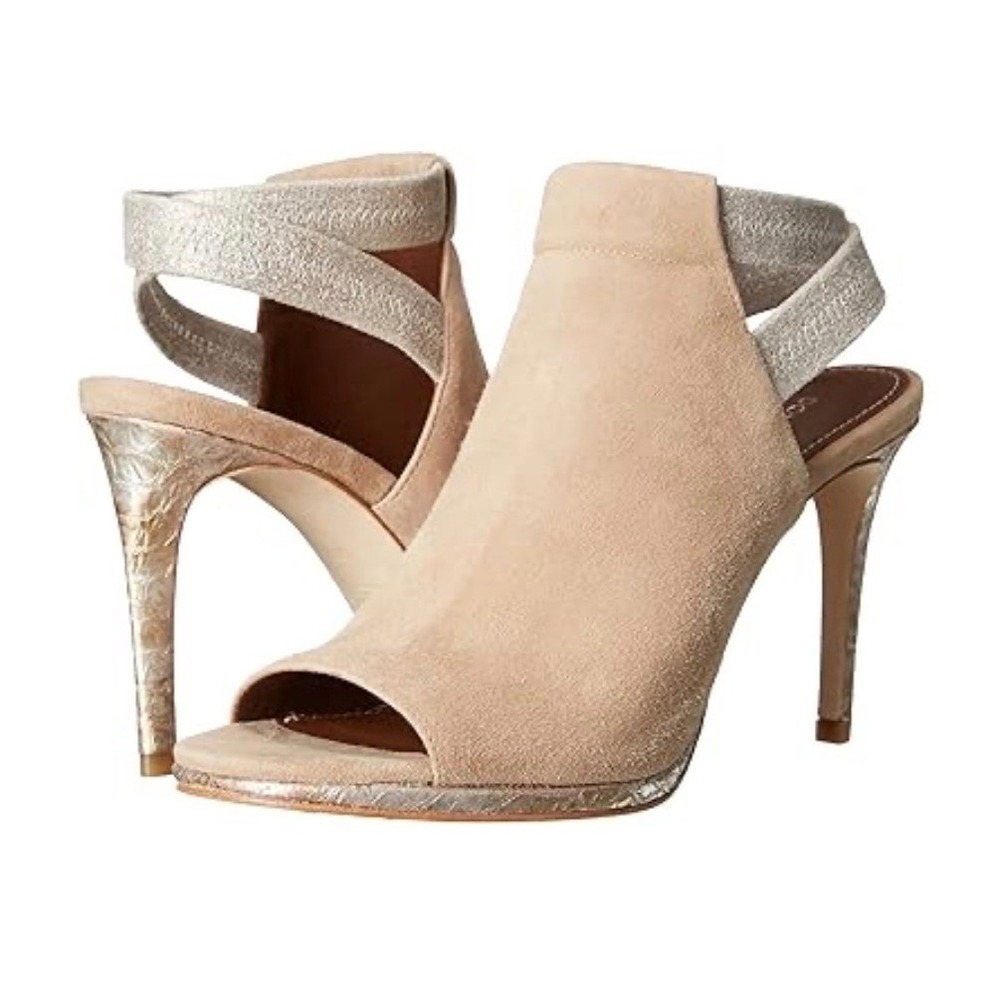 Donald J Pliner Tan Suede Peep Toe Slingback Heels Metallic Python 10M